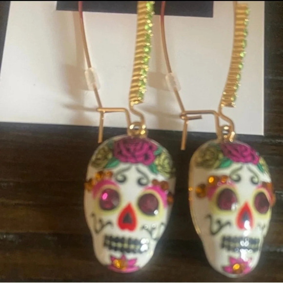 BETSEY JOHNSON SET Sugar Skull Day of the Dead Earrings Necklace Ring NEW NWT - Picture 15 of 16